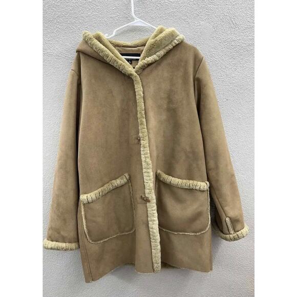 Womens Jones New York Coat Size Medium Brown Hooded Faux Leather Heavy Button Up - Picture 1 of 14